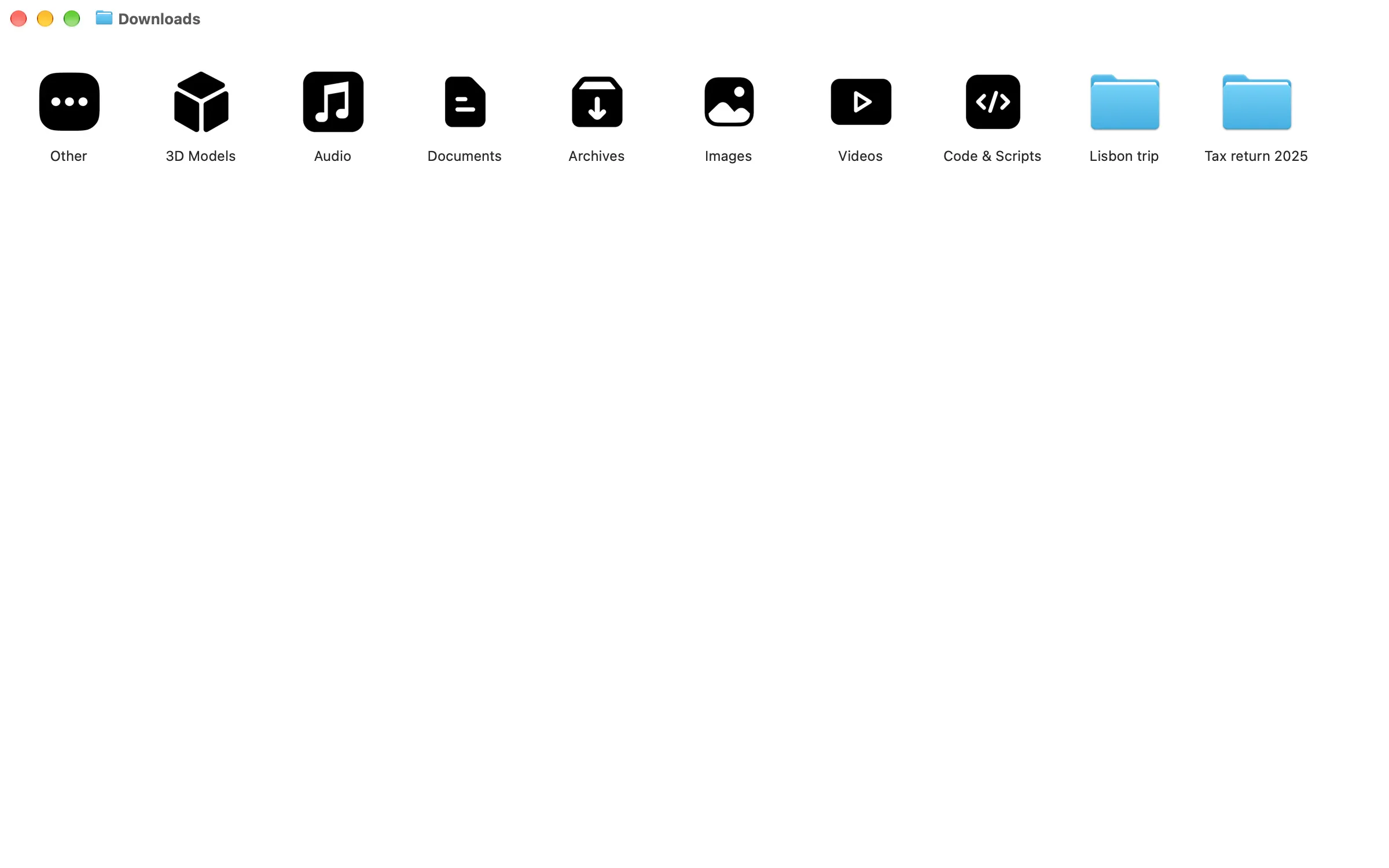The Downloads folder after Declutr: category folders for 3D Models, Archives, Code & Scripts, Other, Audio, Documents, Images and Videos, each with its own icon.