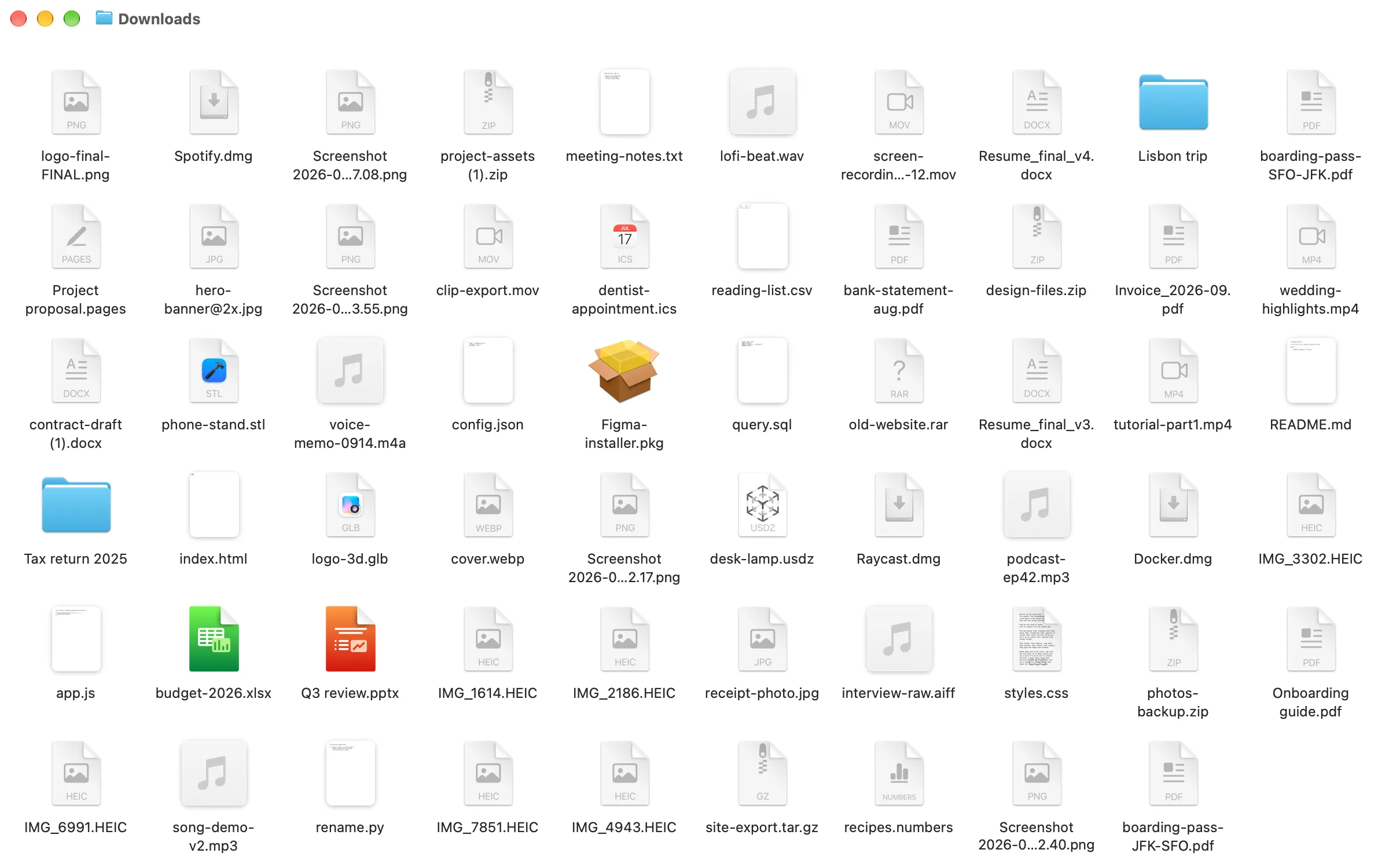 A messy Downloads folder in Finder before Declutr: dozens of loose files including screenshots, HEIC photos, PDFs, ZIP archives, DMG installers and audio files.