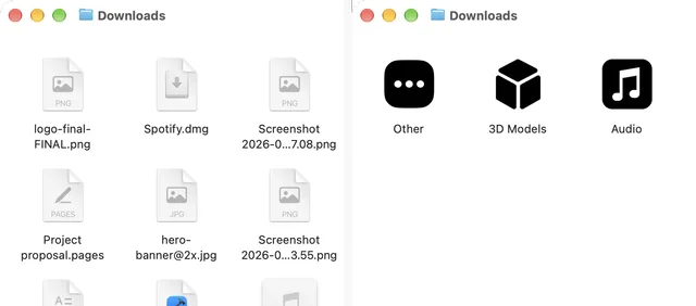 The same Finder window before and after Declutr: loose screenshots, installers and documents, then the Other, 3D Models and Audio category folders.